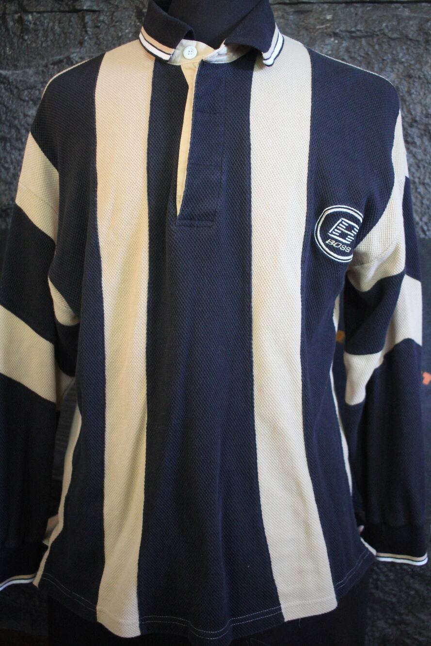 Vintage Boss Rugby Polo Shirt Men's Large Black Tan Striped Long Sleeve Y2K